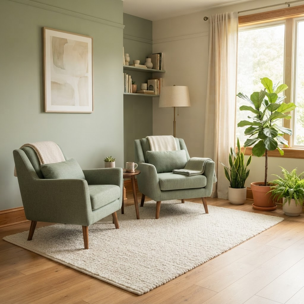 Warm, peaceful therapy room with comfortable chairs and natural light
