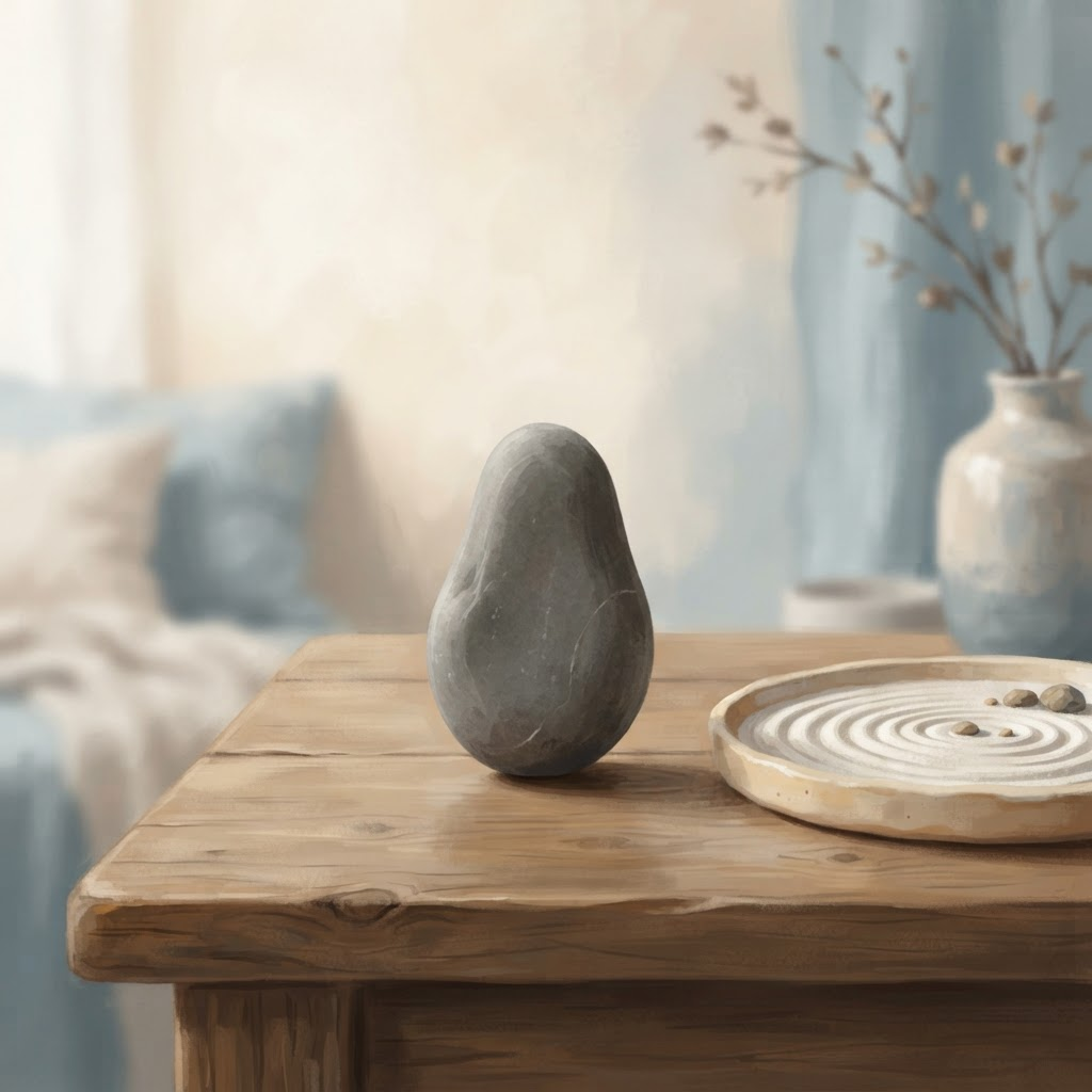 Zen stone and sand arrangement representing emotional balance and groundedness